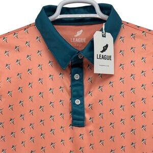 League 91 Mens Marlin Print Performance Polo Shirt Coral Teal St Simons GA L